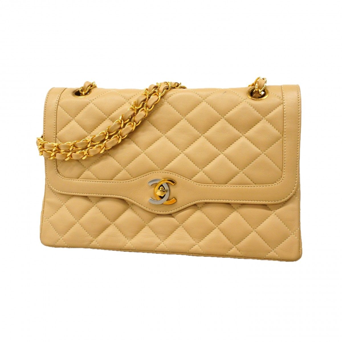 【6eb0659】シャネル ショルダーバッグ マトラッセ/パリ限定 ラムスキン ベージュ ゴールド/シルバー金具【中古】レディース