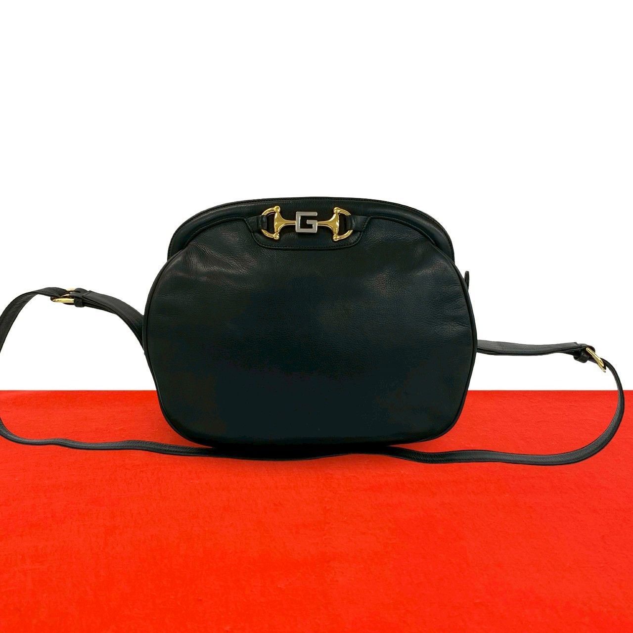 極 美品 GUCCI グッチ オールドグッチ ヴィンテージ ホースビット G 金具 レザー 本革 ショルダーバッグ ポシェット ブラック 34377