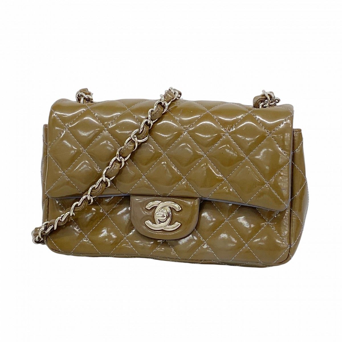 【6eb0704-k】シャネル ショルダーバッグ ミニマトラッセ パテントレザー カーキ シルバー金具【中古】レディース