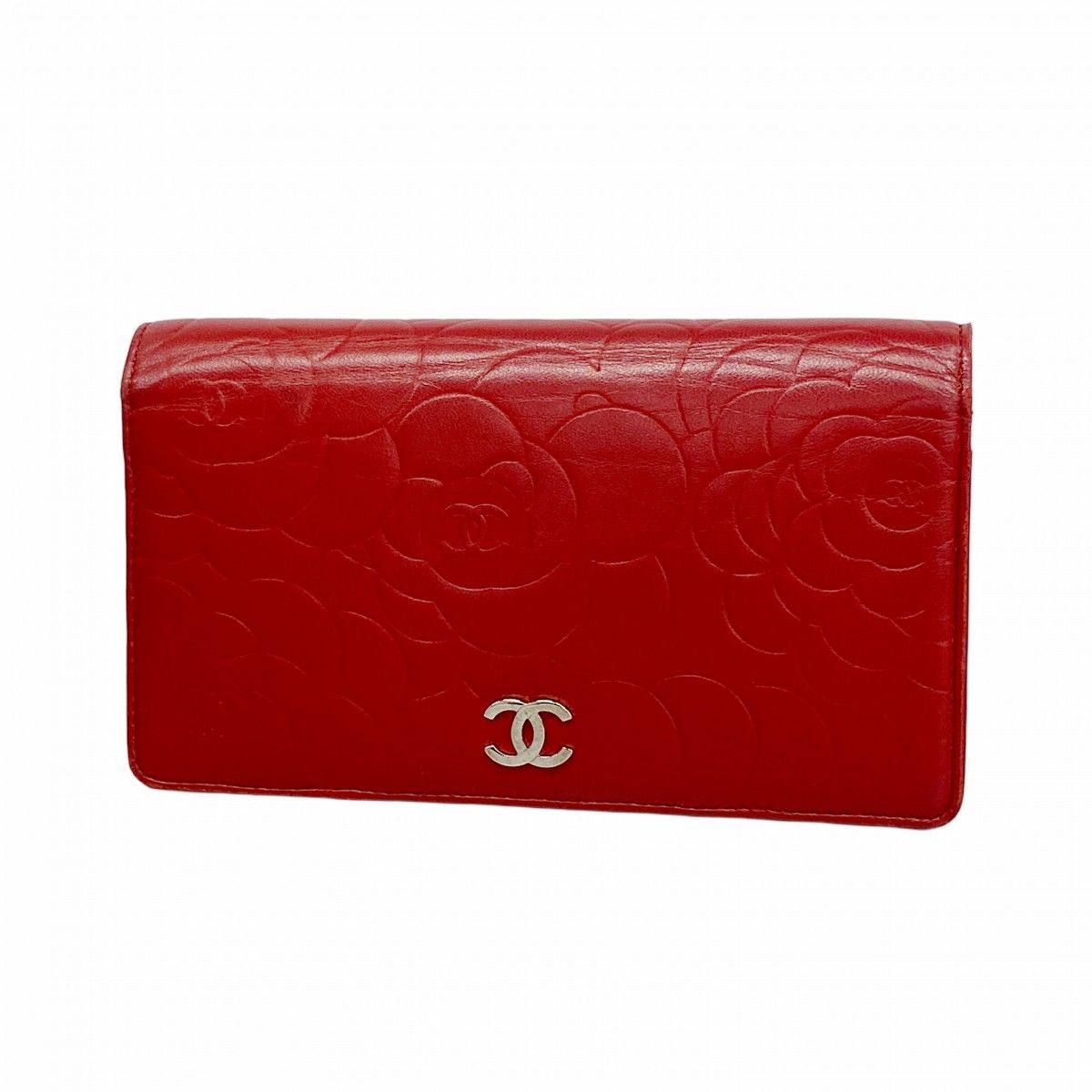 【6eb0819】シャネル 長財布 カメリア ラムスキン レッド シルバー金具【中古】レディース
