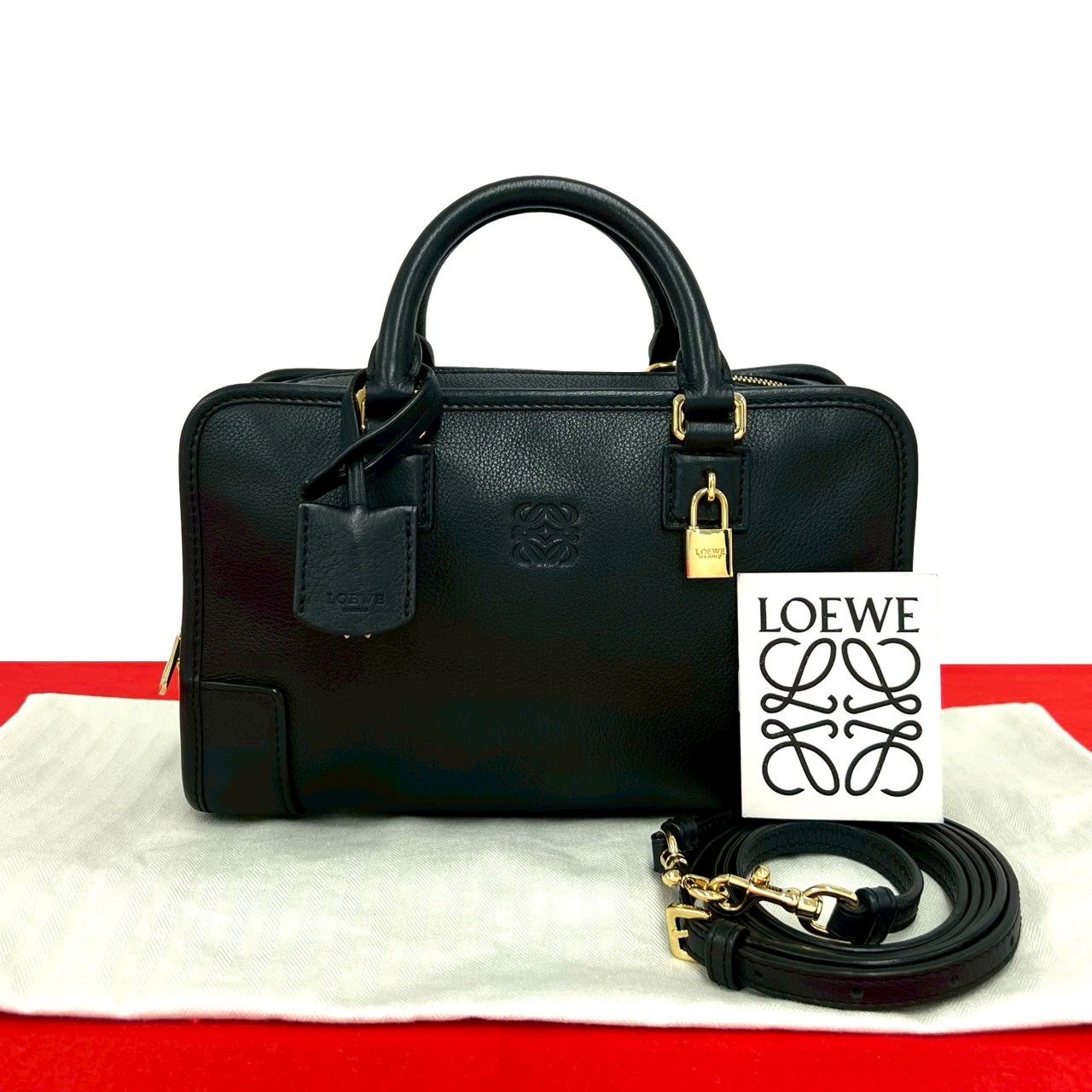 極 美品 袋 鍵付 LOEWE ロエベ アマソナ 23 アナグラム ロゴ レザー 2way ハンドバッグ ミニ ボストンバッグ ショルダーバッグ 黒 90903