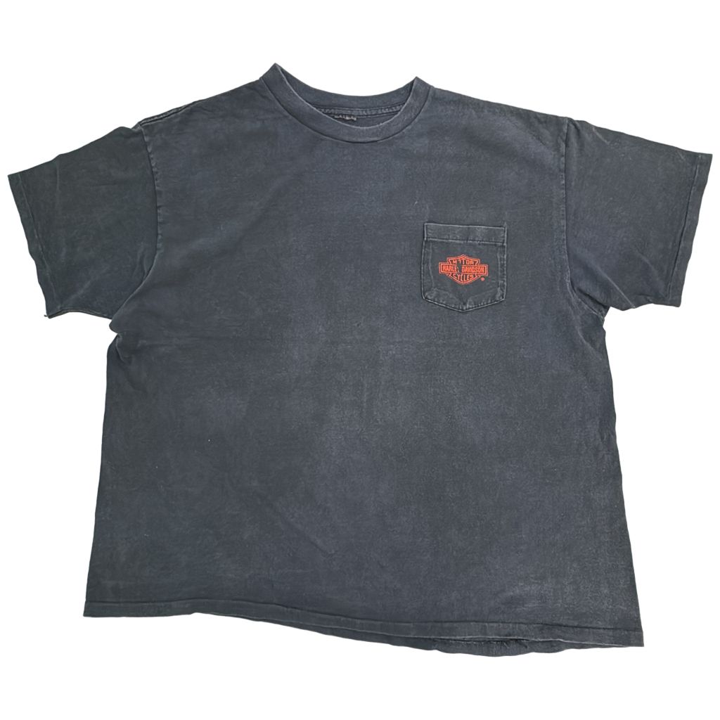 90年代 HARLEY DAVIDSON ハーレーダビッドソン ポケットＴシャツ モーターサイクル ブラック(メンズ L相当)中古 古着 Y0609