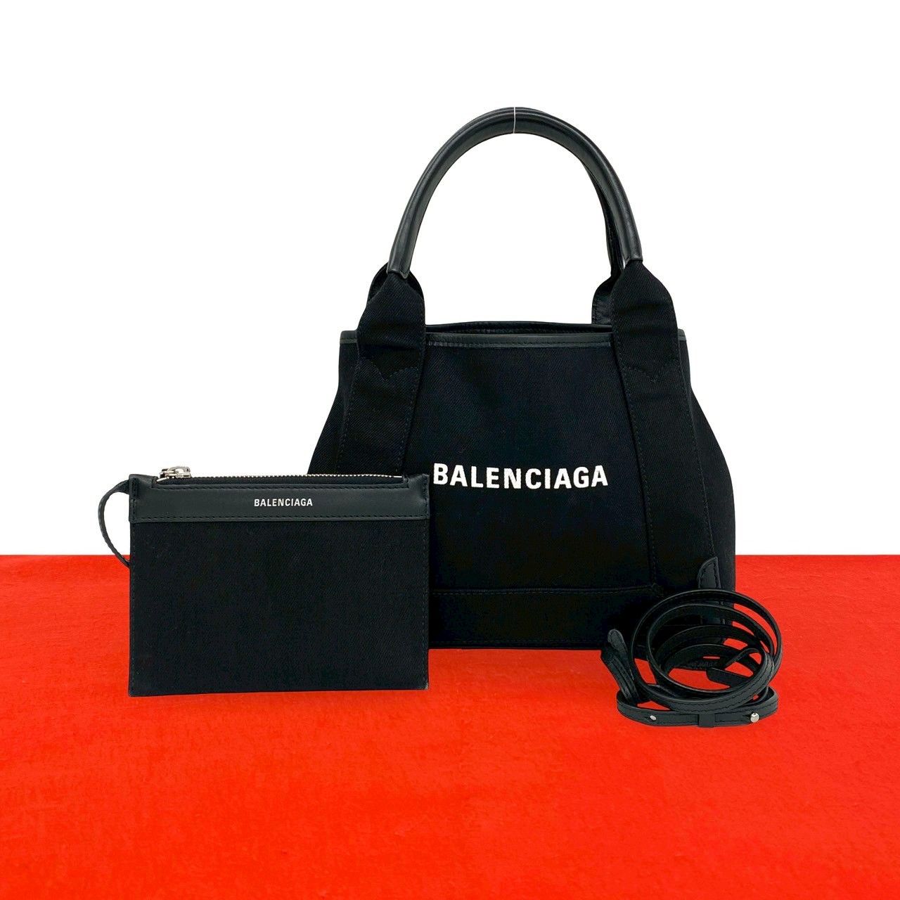 極 美品 BALENCIAGA バレンシアガ ネイビーカバス XS キャンバス レザー 本革 2way ハンドバッグ ショルダーバッグ ブラック 22787