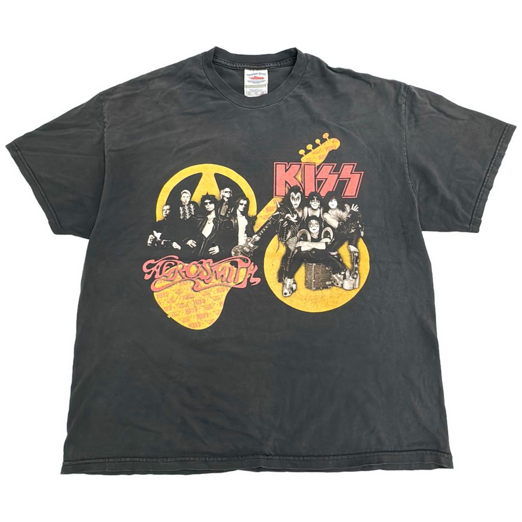 00年代 USA製 AERO SMITH エアロスミス KISS キッス ツアーＴシャツ バンド ブラック(メンズ XL)中古 古着 Y0659