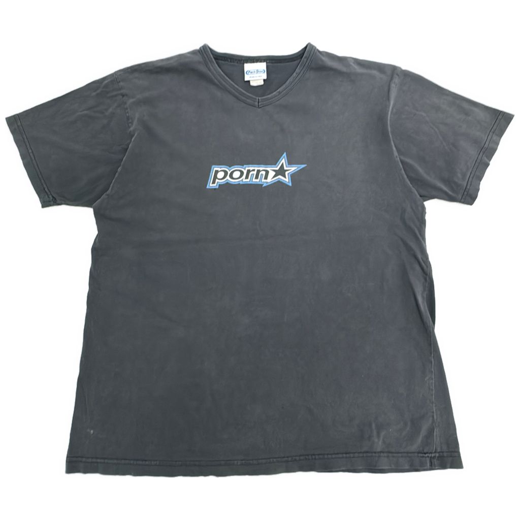 90年代 USA製 Porn Star Vネック ロゴＴシャツ ストリート ブラック(メンズ XL)中古 古着 Y0675