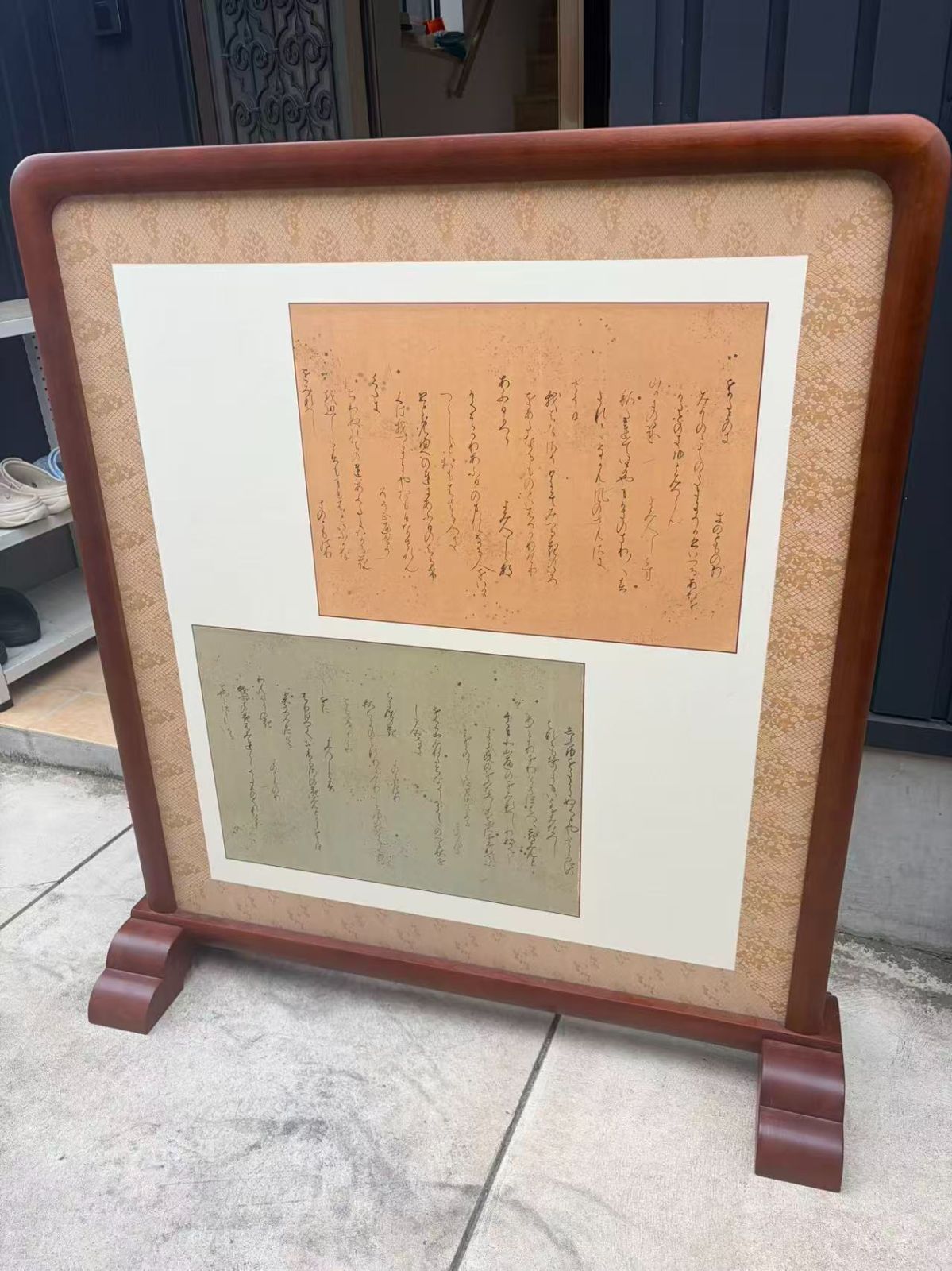 【一点物】和風衝立 欅材 古筆切貼り交ぜ 伝統工芸 間仕切り 古美術 時代家具 アンティーク 骨董