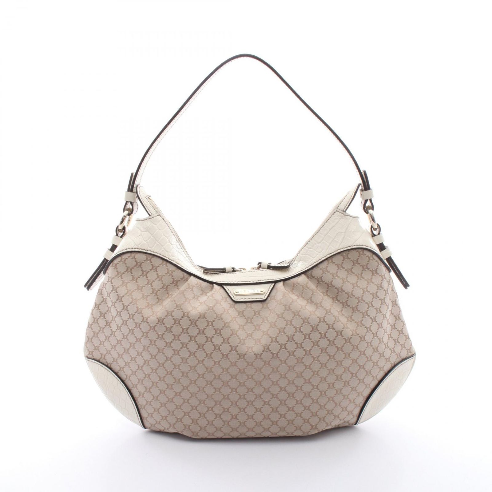 セリーヌ CELINE ショルダーバッグ マカダム クロコ型押し ライトベージュ/ホワイト キャンバス レザー マカダム ショルダーバッグ レディース Used A