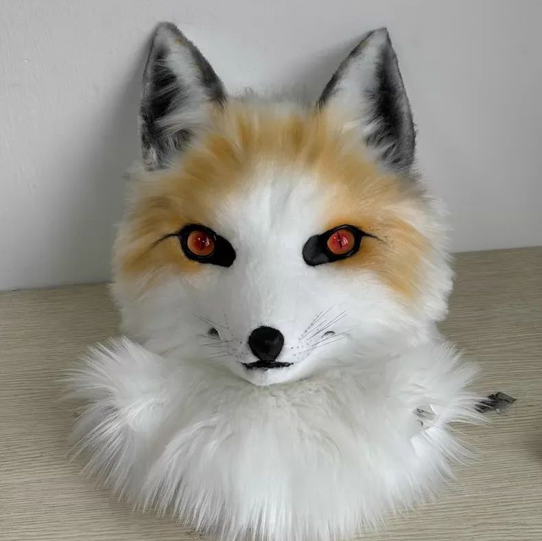 獣装ヘッド キツネ 狐 写実系 リアル系 オレンジ×ホワイト 首ファー一体型 65cm対応 後頭部ファスナー ハンドメイド 着ぐるみ ケモノ ファースーツ ファーソナ 獣人 もふもふ 現品 特別仕様
