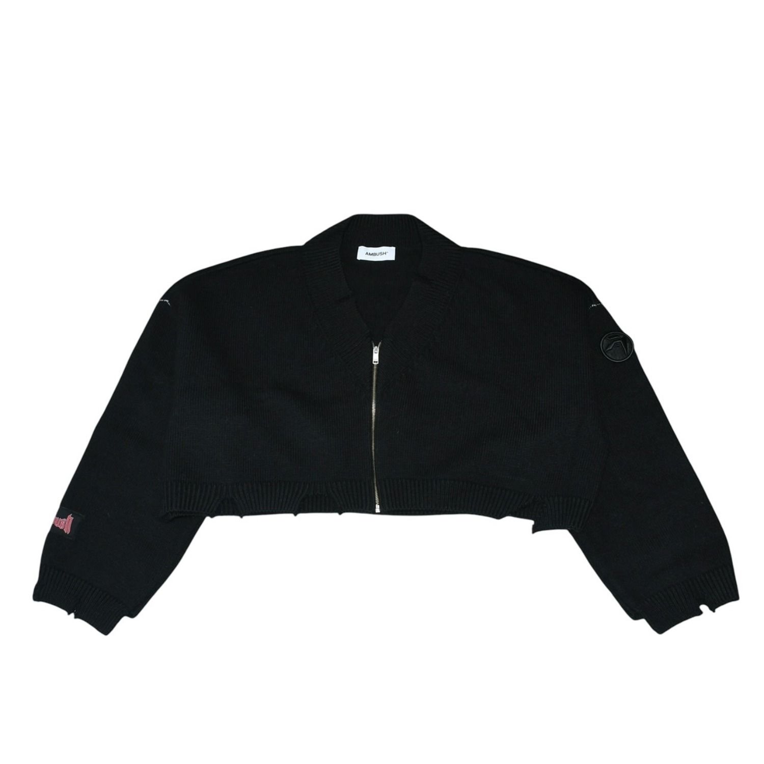 極美品 AMBUSH アンブッシュ KNIT ZIP CARDIGAN ニット カーディガン 12115083 ブラック ワッペン ショート丈 Vネック ダメージ加工 23AW 中古 4a001738