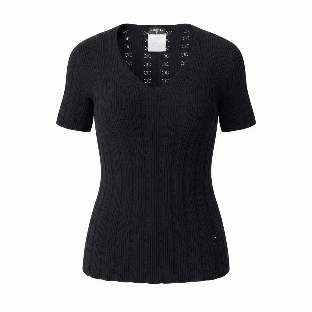 Ce8 CHANEL P25430 05P 2005SS ココマークジャガード タイトニットカットソー サイズ42 ブラック コットン100 トップスta1
