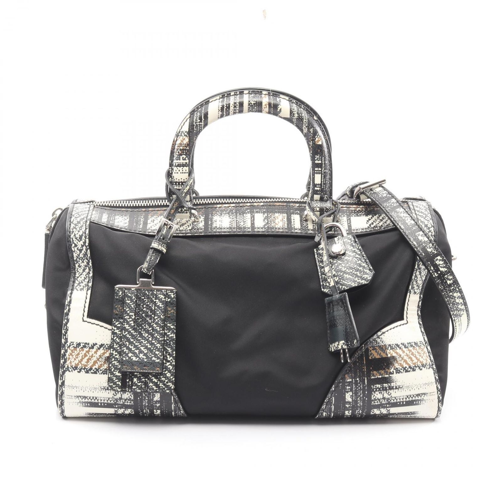 プラダ PRADA ハンドバッグ TESSUTO + SAFFIANO 2WAY ブラック ホワイト ナイロン サフィアーノレザー ハンドバッグ レディース Used B 57,480円
