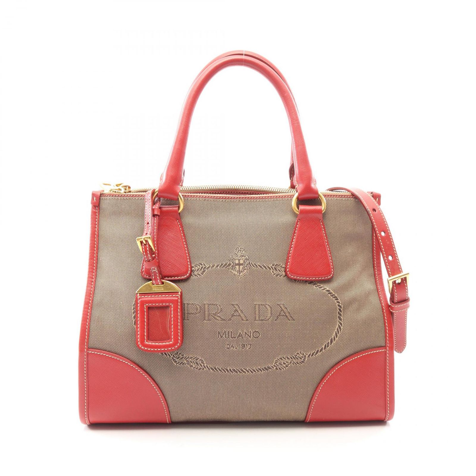 プラダ PRADA ハンドバッグ ロゴジャガード 2WAY BN2288 ベージュ/レッド キャンバス レザー ロゴジャガード 2wayトートバッグ レディース Used A