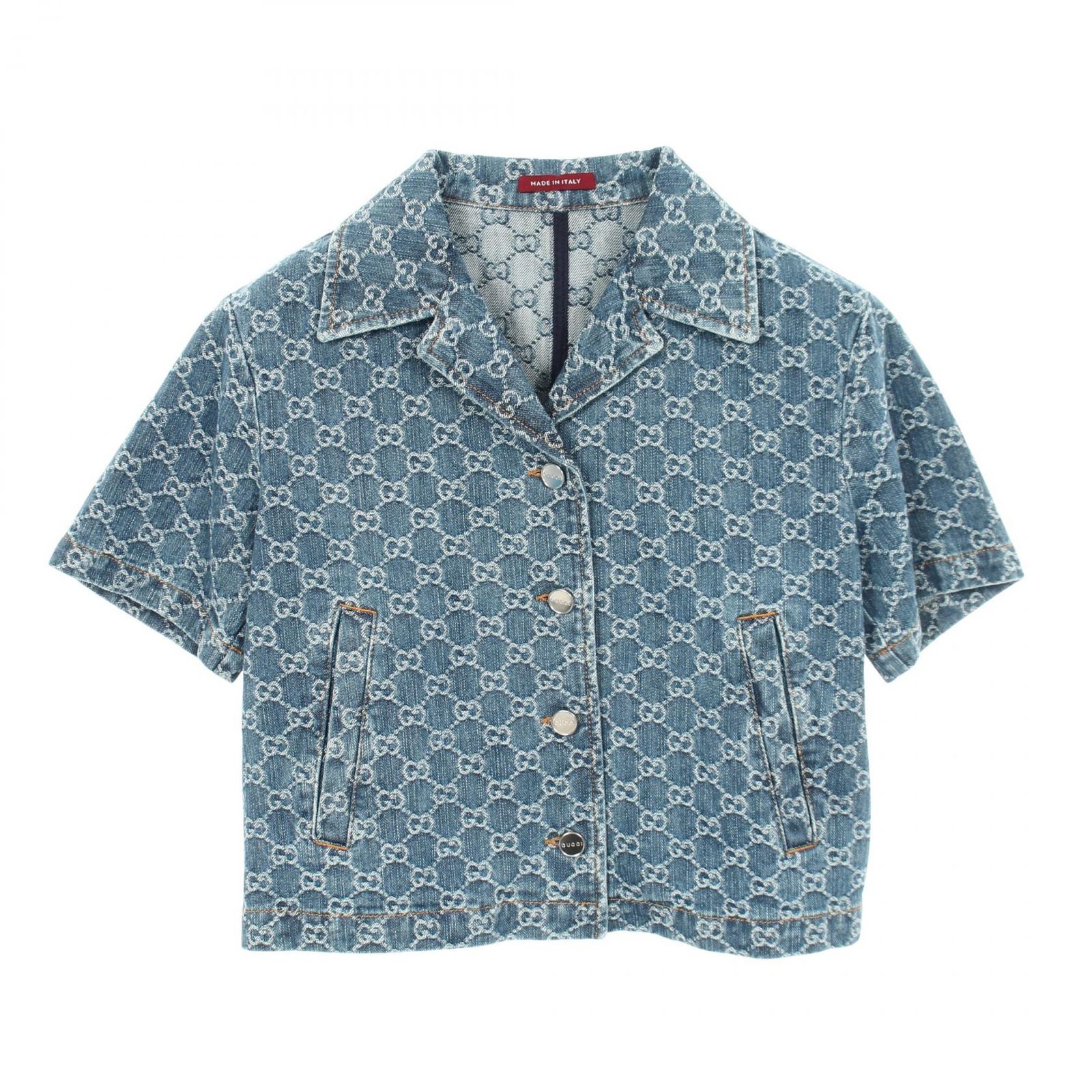 グッチ GUCCI GGジャガード オープンカラー 半袖 788680 コットン デニムシャツ レディース Used A