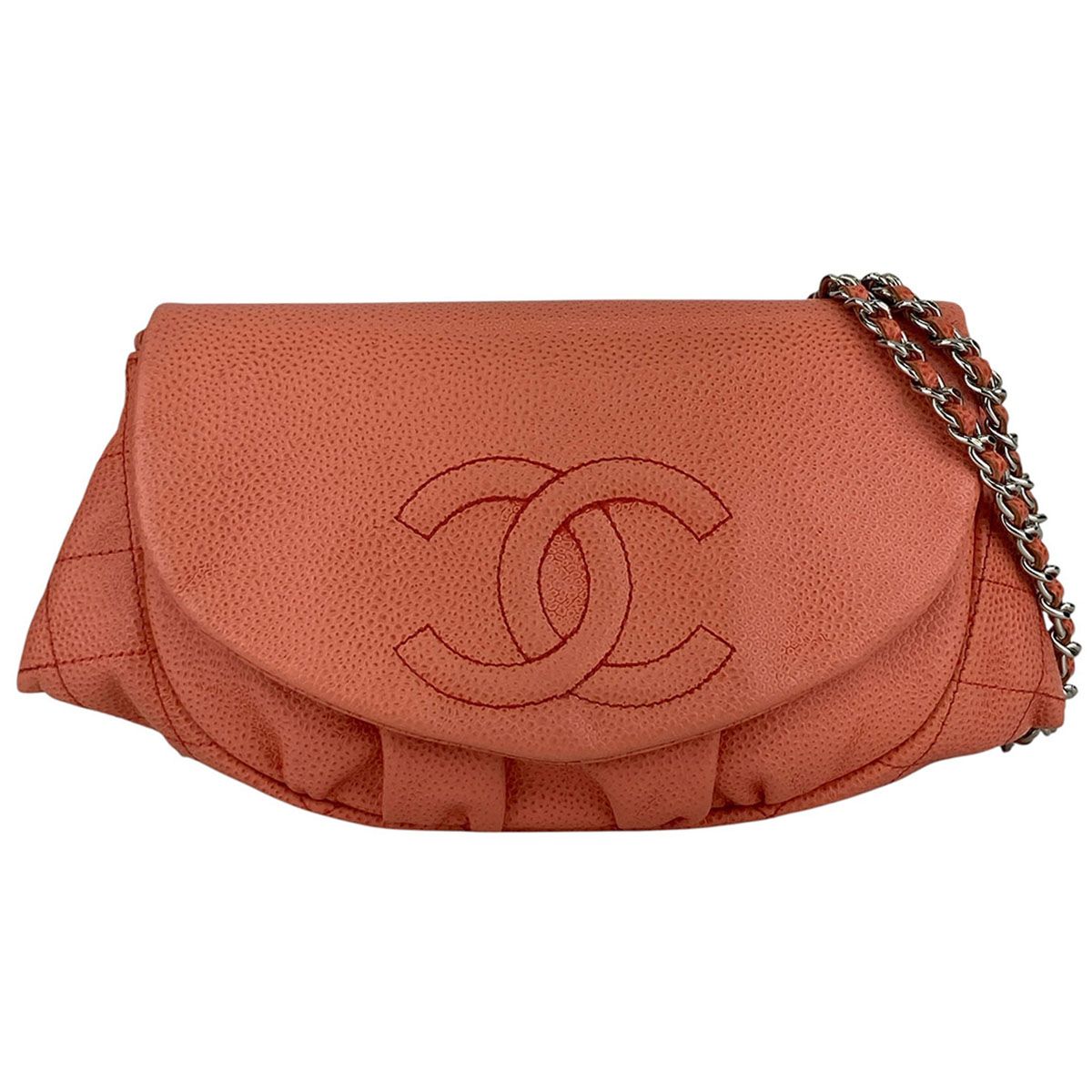 CHANEL シャネル ハーフムーン チェーンショルダーバッグ チェーンウォレット ショルダーバッグ A40033 レディース キャビアスキン オレンジ シルバー金具 中古