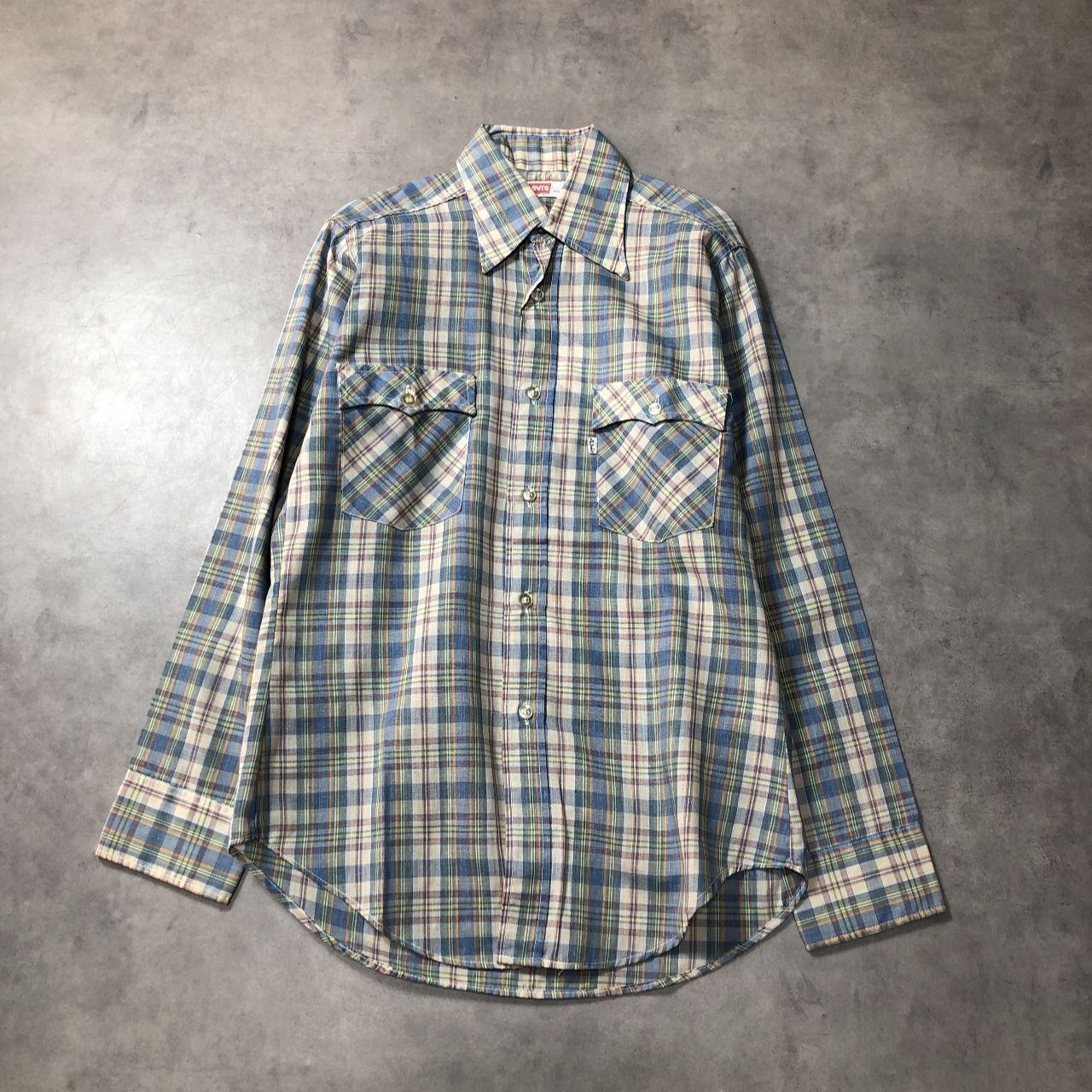 GQ5444◇Levi's : 70’s ウエスタンシャツ◇M◇青緑系 リーバイス チェック 長袖シャツ ヴぃ