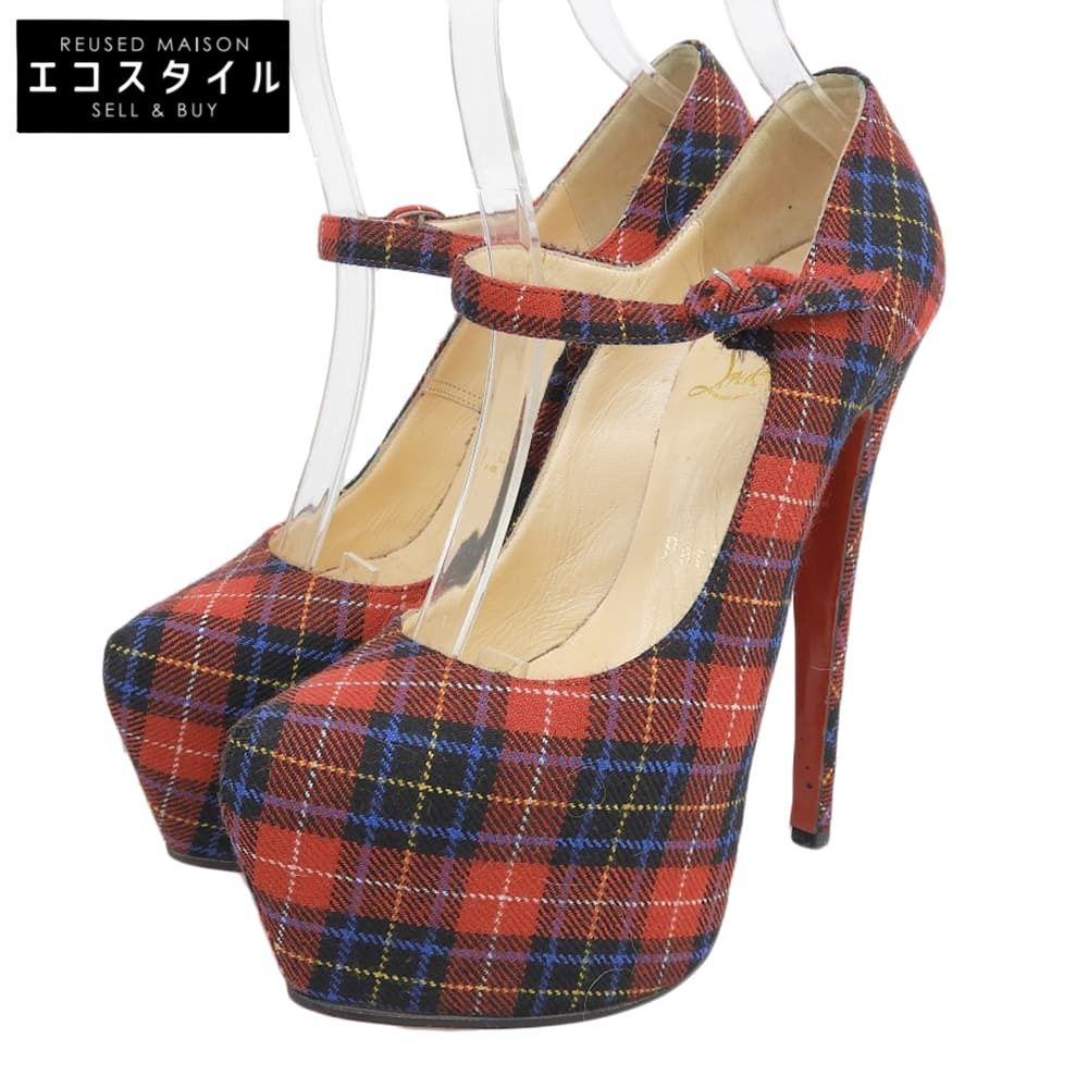Christian Louboutin クリスチャンルブタン Mary タータンチェック キャンバス 厚底 ヒール パンプス レディース レッド 35 35
