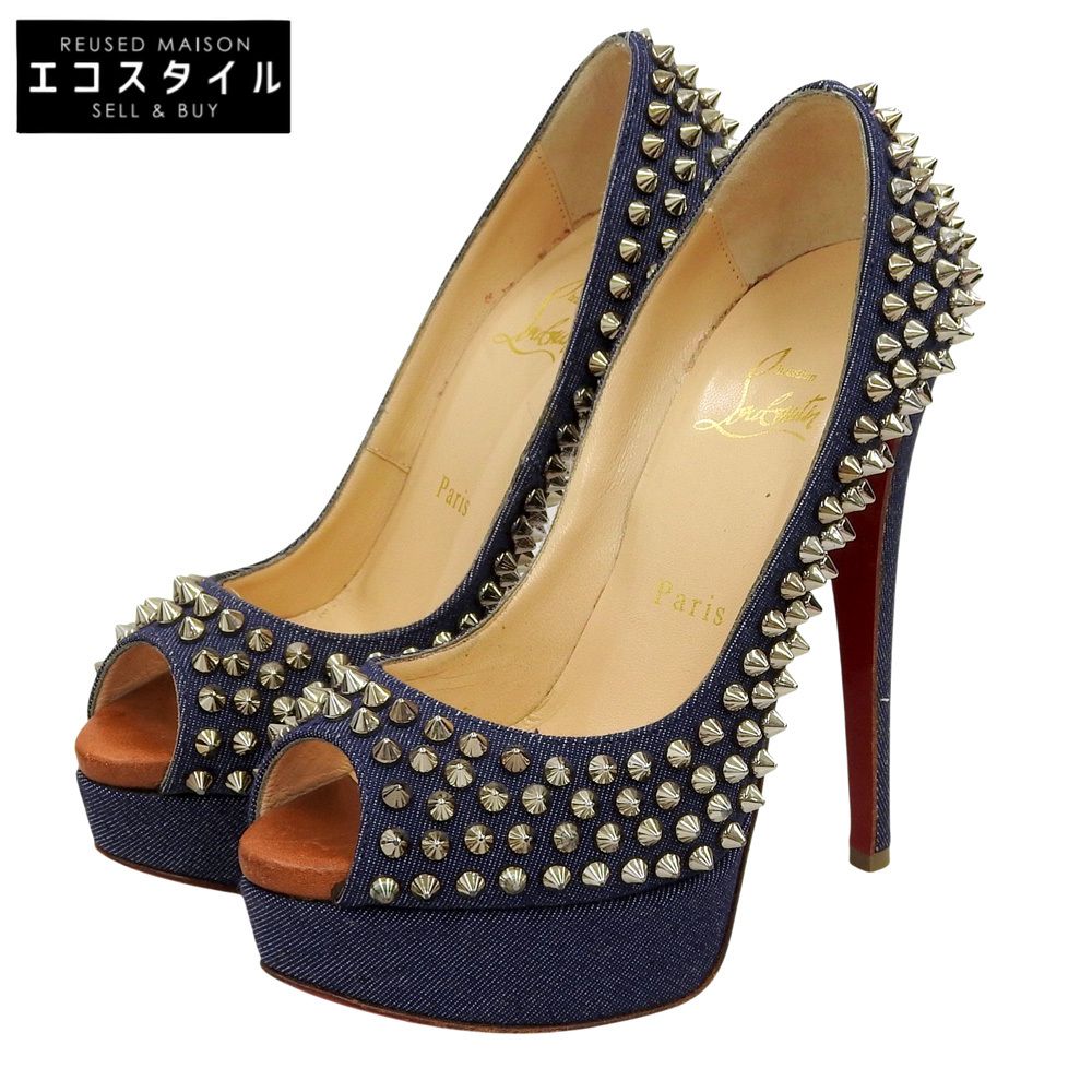 Christian Louboutin クリスチャンルブタン デニム スパイクスタッズ オープントゥ ヒールパンプス シューズ レディース インディゴ 35 35