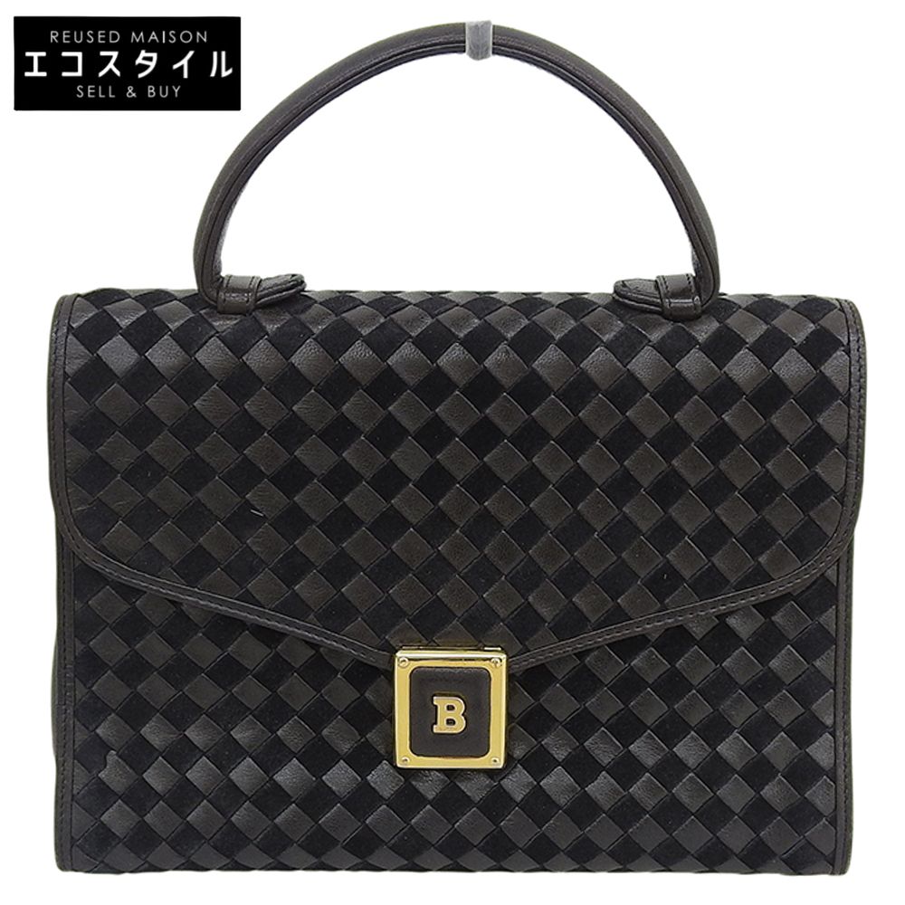 BALLY バリー レザー×スエード ヴィンテージ 編み込み レザーハンドバッグ レディース ブラック×ブラウン