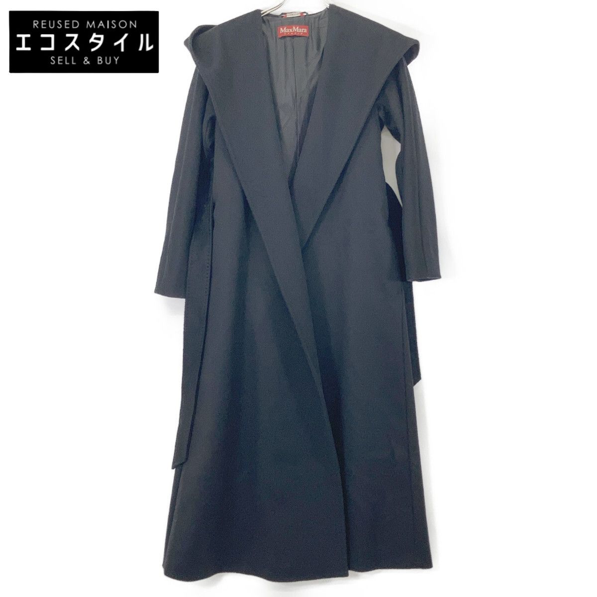 MAXMARA STUDIO マックスマーラスタジオ 601637936 ﾌﾞﾗｯｸ ｳｰﾙ ﾍﾞﾙﾄ ﾌｰﾃﾞｯﾄｺｰﾄ 34