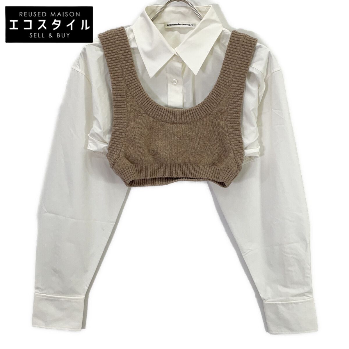 T by ALEXANDER WANG ティーバイアレキサンダーワン ホワイト×ブラウン 4KC3231011 ニットドッキング クロップドシャツ XS