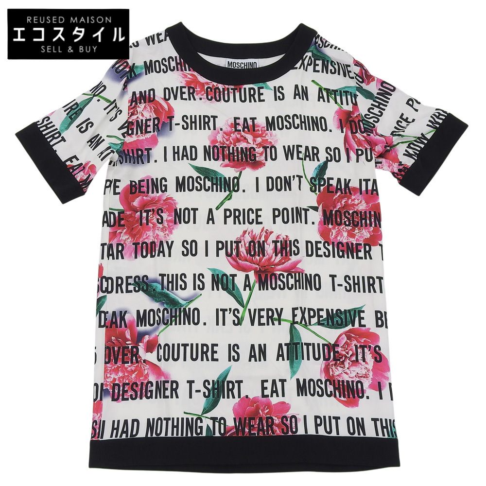 MOSCHINO モスキーノ 美品 フローラル ドレス Tシャツ トップス レディース ホワイト×ブラック 42 42