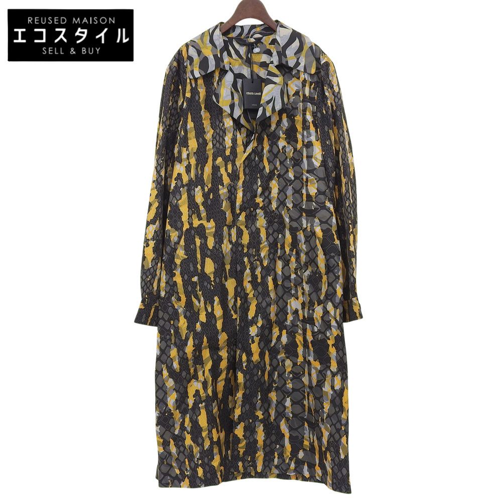 Class Roberto Cavalli クラスロベルトカヴァリ 新品同様 総柄 ナイロン ベルト付き ロングコート メンズ ブラック イエロー グレー 48 48