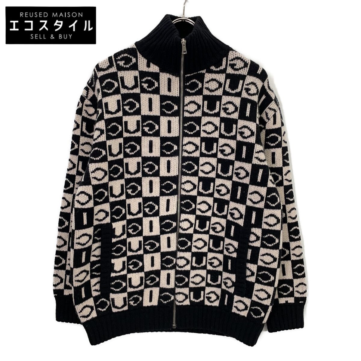 GUCCI グッチ 595481 ブラック×ホワイト ロゴジャガード ジップアップ ニット ジャケット XS
