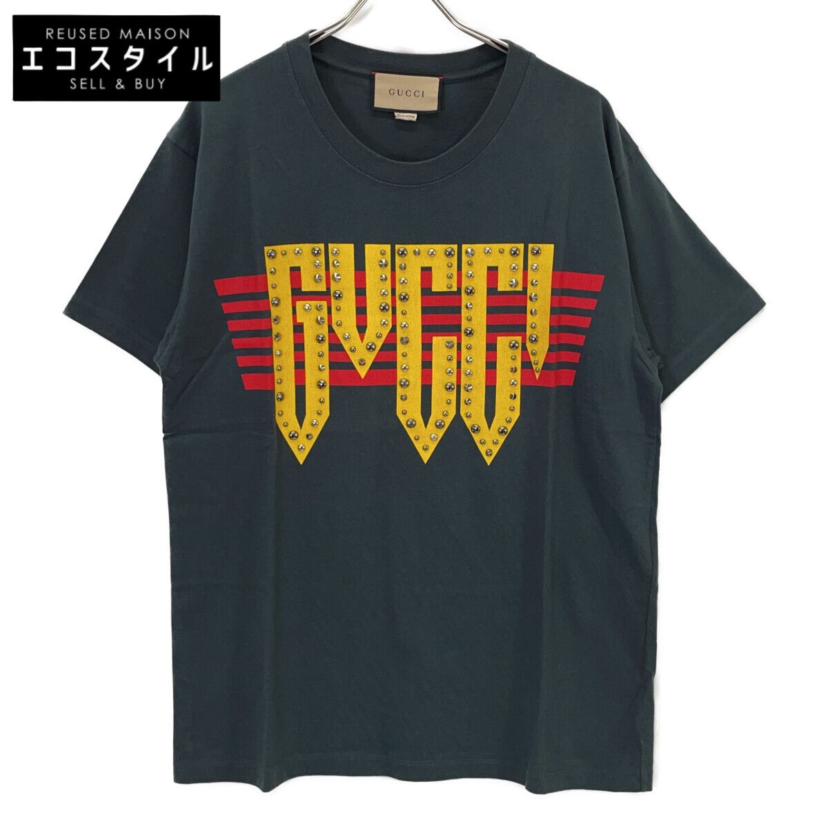 GUCCI グッチ 616036 ﾌﾞﾗｯｸ ﾛｺﾞ ｽﾀｯｽﾞ Tｼｬﾂ XS
