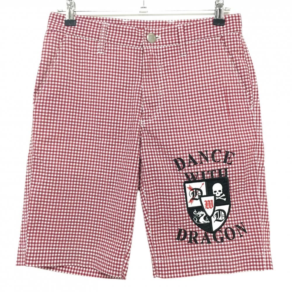 【美品】ダンスウィズドラゴン ハーフパンツ レッド×白 ギンガムチェック サッカー生地 メンズ 1(S) ゴルフウェア Dance With Dragon