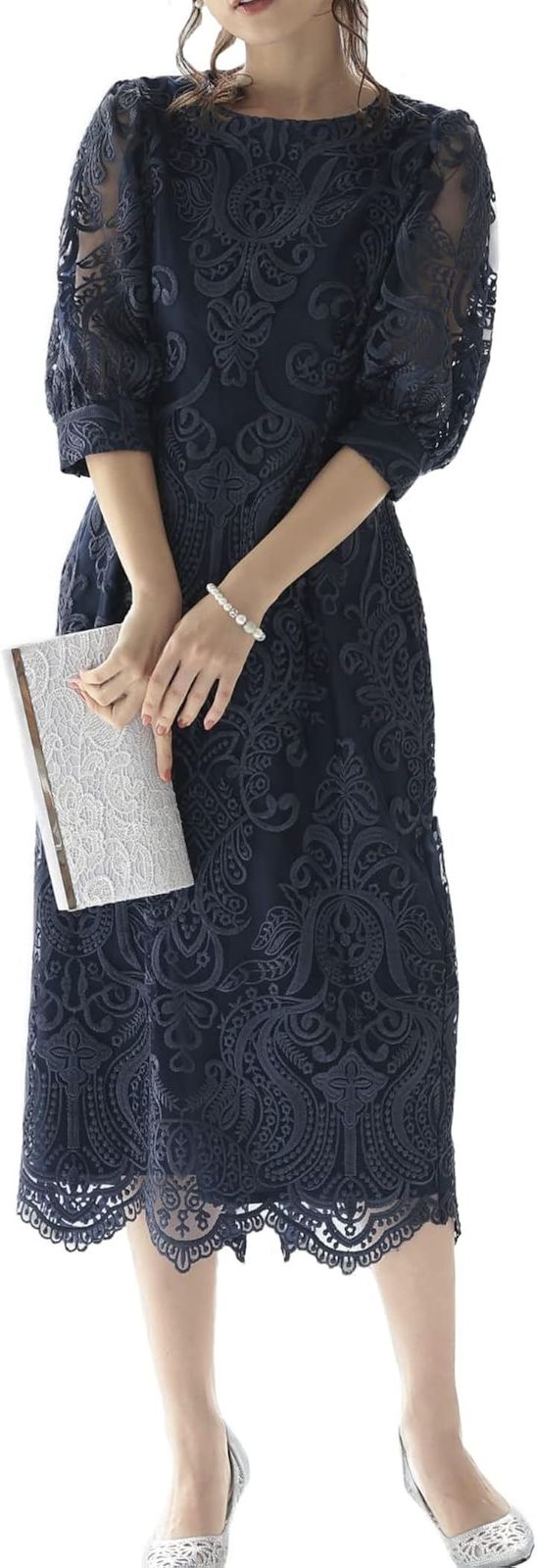 AUNI(アウニイ) パーティ ワンピース ドレス レディース 結婚式およばれワンピース パーティードレス 親族 同窓会 母親 食事会 フォーマル オケージョン 成人式 (ネイビー / 157, 3L)