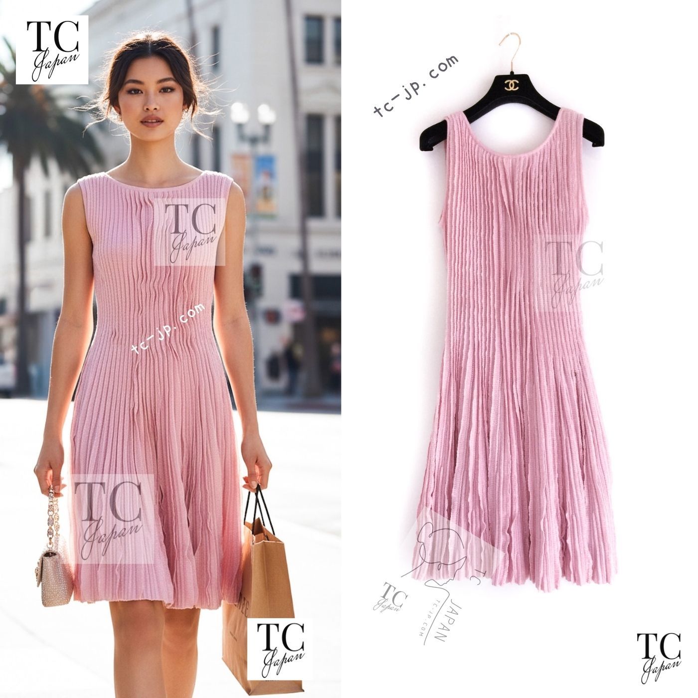 シャネル ワンピース CHANEL ピンク カシミア Aライン ニット ココマーク カール・ラガーフェルド 46万 超美品 34