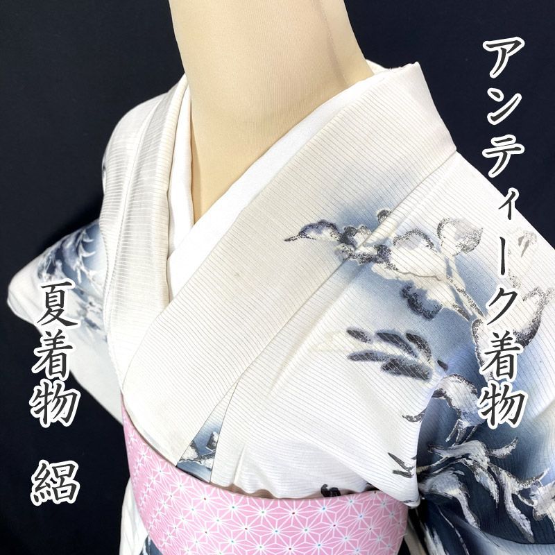 605af1▲夏のアンティーク着物 夏物 絽 花唐草 モノクロ 大正ロマン 昭和レトロ 和洋MIX▲