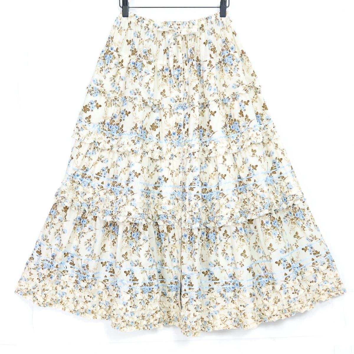 【美品】ピンクハウス★ブルーローズpt♪かぶせ段々フリルのローンスカート アイボリー系 前開き サテンリボン使い z19558