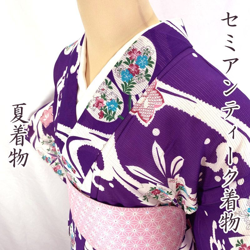 605af2△夏のセミアンティーク着物 夏物 桔梗 撫子 鹿の子 萩 リメイク 