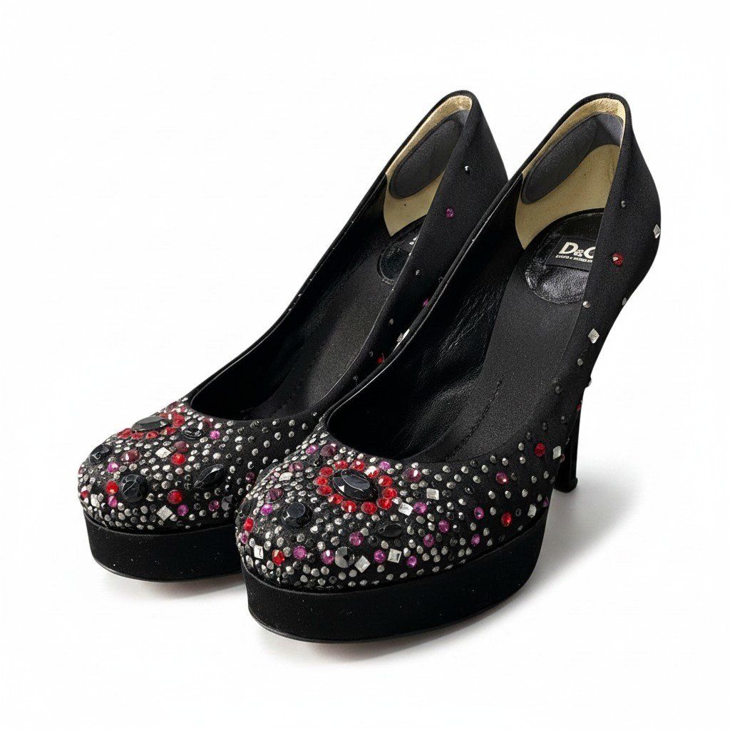 e8 D&G DOLCE&GABBANA ドルチェ&ガッバーナ ラインストーン パンプス サイズ37 1/2 ブラック サテン レディース シューズk02i
