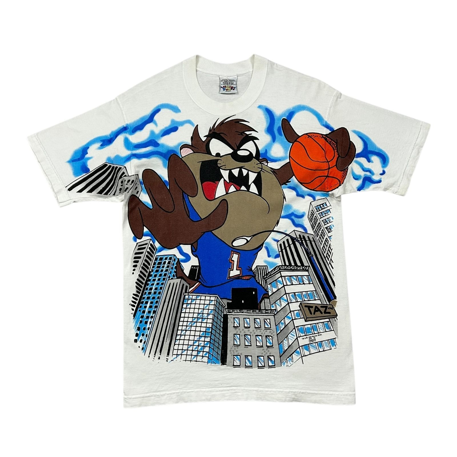 90s TAZ WARNER BROS LOONEY TUNES 1995 バスケットボール 総柄 AOP Tシャツ SIZE M