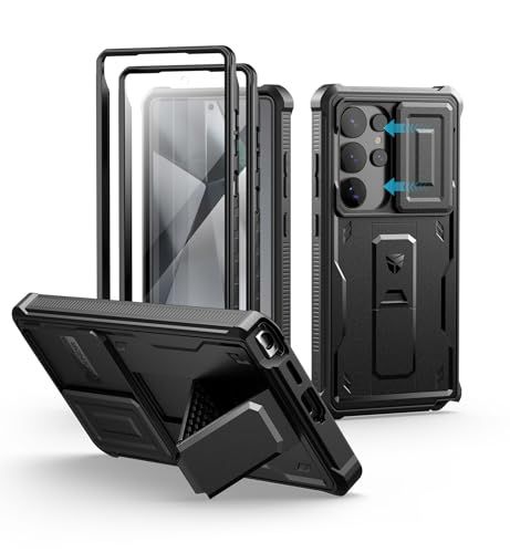 Dexnor Samsung Galaxy S25 Ultra用 ケース - スライド式内蔵カメラカバー＆画面保護フィルム＆キックスタンド付き ヘビーデューティ耐衝撃 頑丈 フルボディバンパー保護ケース(ブラック)t