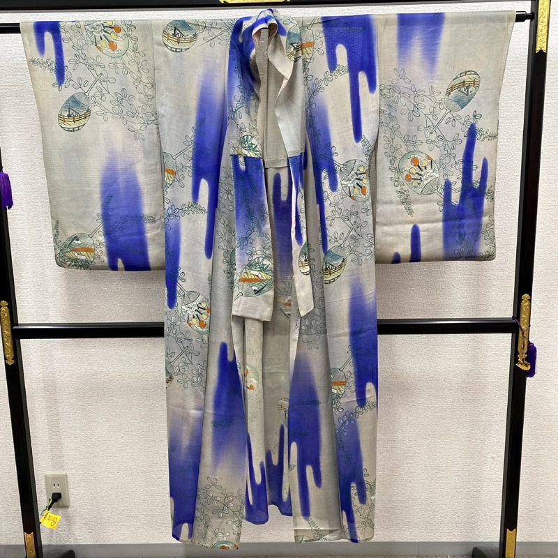 605af6△夏のアンティーク着物 夏物 絽 団扇 萩 霞 リメイクにも 大正