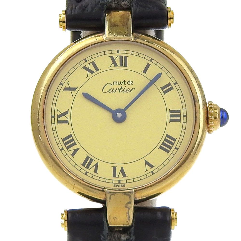 【CARTIER】カルティエ マストヴァンドーム ヴェルメイユ cal.90 590004 シルバー925×型押しレザー ゴールド クオーツ アナログ表示 レディース ゴールド文字盤 腕時計