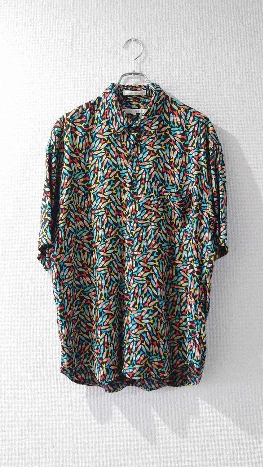 90’s PERRY ELLIS USA製 Short-sleeve rayon shirt with fish pattern L