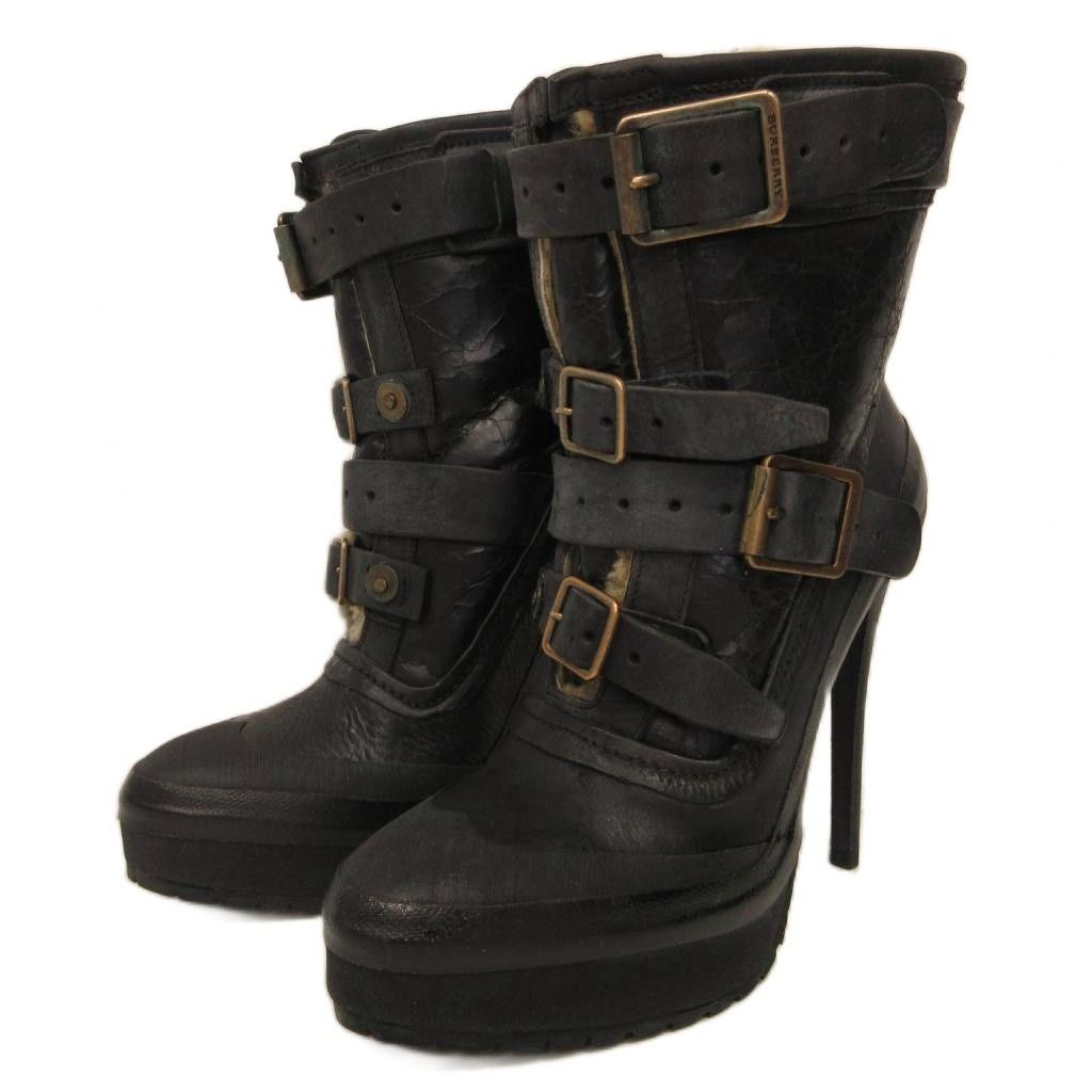 バーバリー BURBERRY Aviator 130 PLATFORM ROUND ANKLE BOOT ムートン ブーティ クラックレザー UK4.5 黒 ブラック IBO94