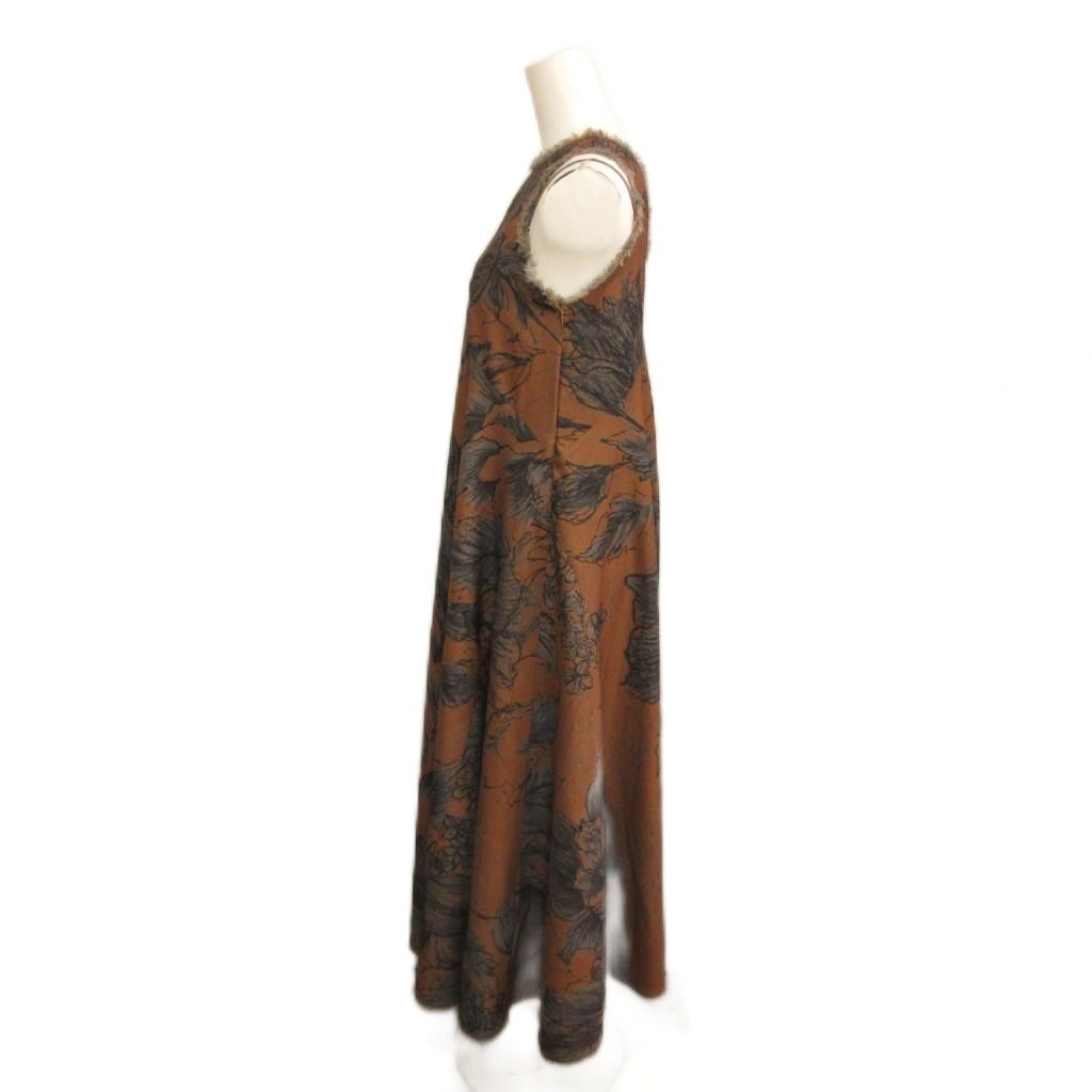 ケイタマルヤマ KEITA MARUYAMA ×AMERI VOLUME FLARE DRESS ノースリーブワンピース 花柄 フリンジ ロング丈 Ｍ 茶 ブラウン グレー