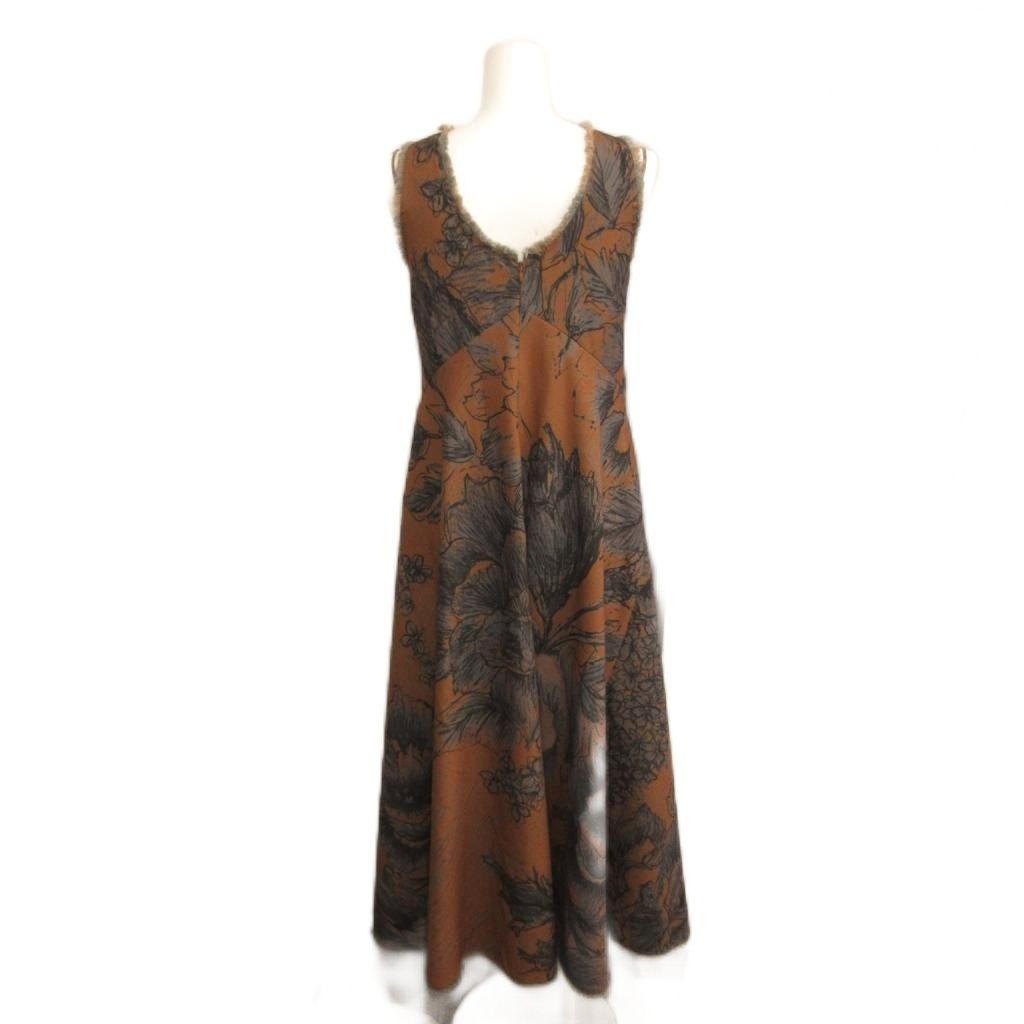ケイタマルヤマ KEITA MARUYAMA ×AMERI VOLUME FLARE DRESS ノースリーブワンピース 花柄 フリンジ ロング丈 Ｍ 茶 ブラウン グレー