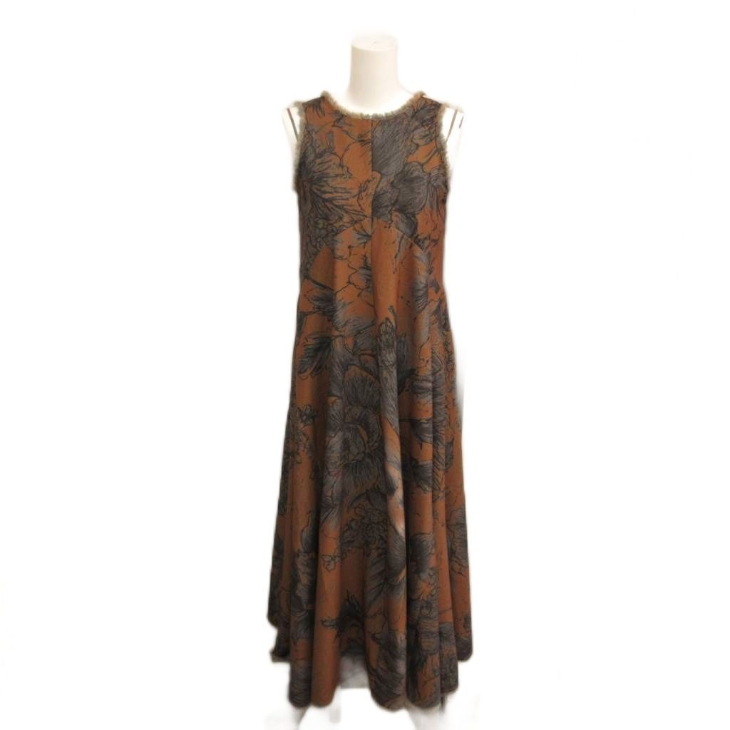 ケイタマルヤマ KEITA MARUYAMA ×AMERI VOLUME FLARE DRESS ノースリーブワンピース 花柄 フリンジ ロング丈 Ｍ 茶 ブラウン グレー
