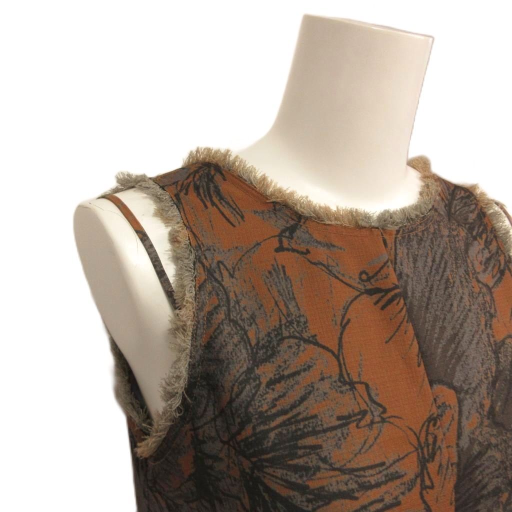 ケイタマルヤマ KEITA MARUYAMA ×AMERI VOLUME FLARE DRESS ノースリーブワンピース 花柄 フリンジ ロング丈 Ｍ 茶 ブラウン グレー