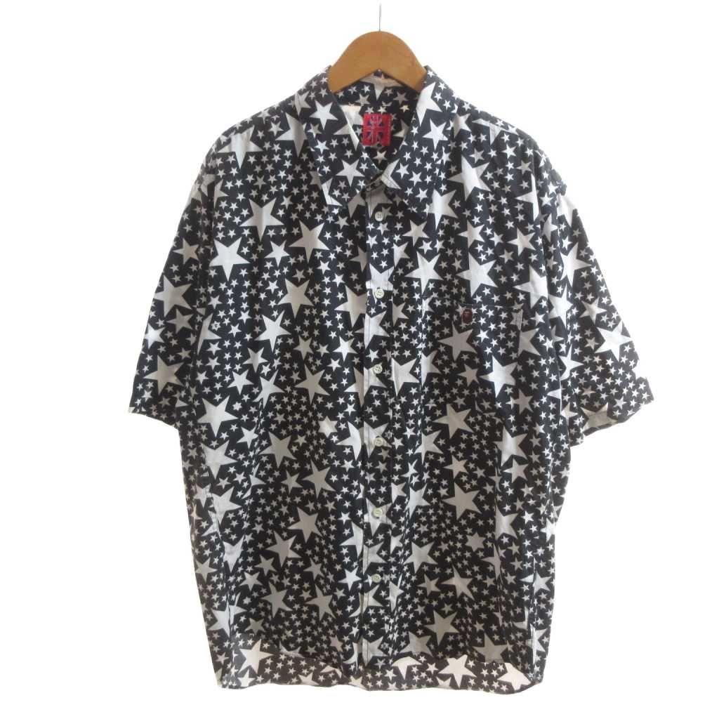 アベイシングエイプ A BATHING APE 星柄 シャツ 半袖 XL 黒 ブラック レギュラーカラー ロゴパッチ/HW IBO92