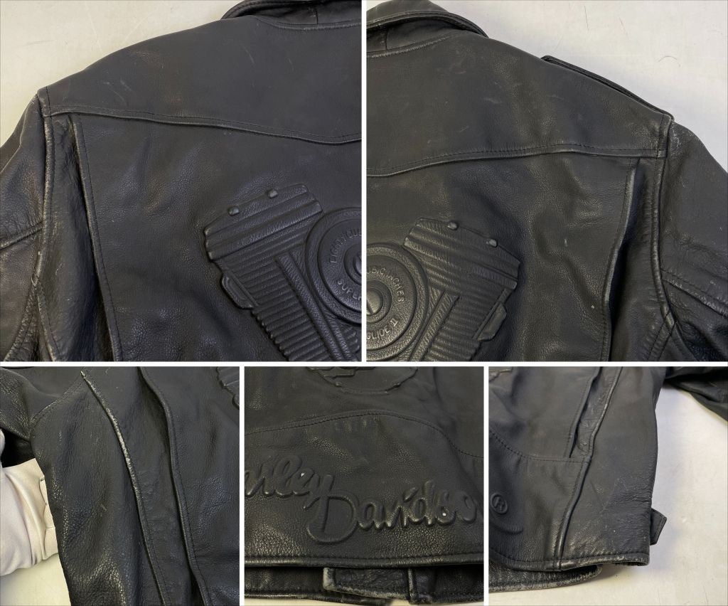 01w-6619 ハーレーダビッドソン HARLEY DAVIDSON エンボス加工 エンジン型押し レザージャケット ブラック サイズL メンズ アウター 【中古品】