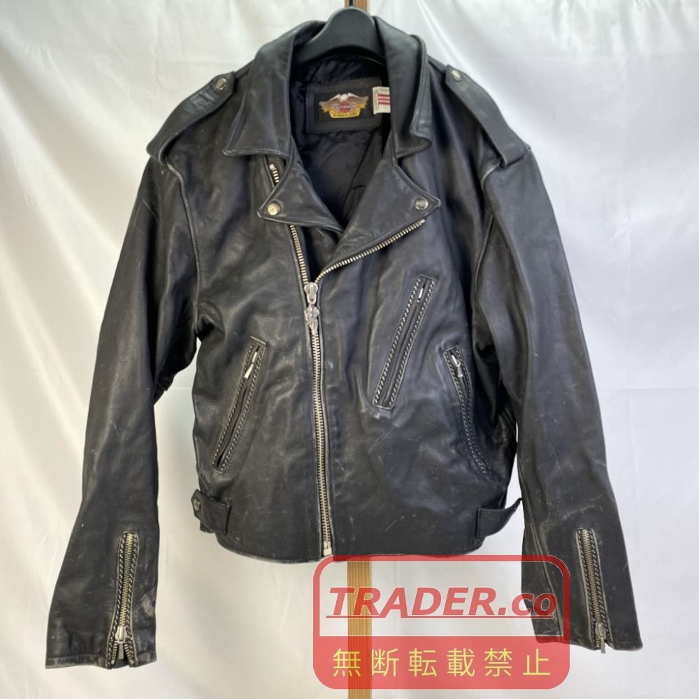 01w-6619 ハーレーダビッドソン HARLEY DAVIDSON エンボス加工 エンジン型押し レザージャケット ブラック サイズL メンズ アウター 【中古品】