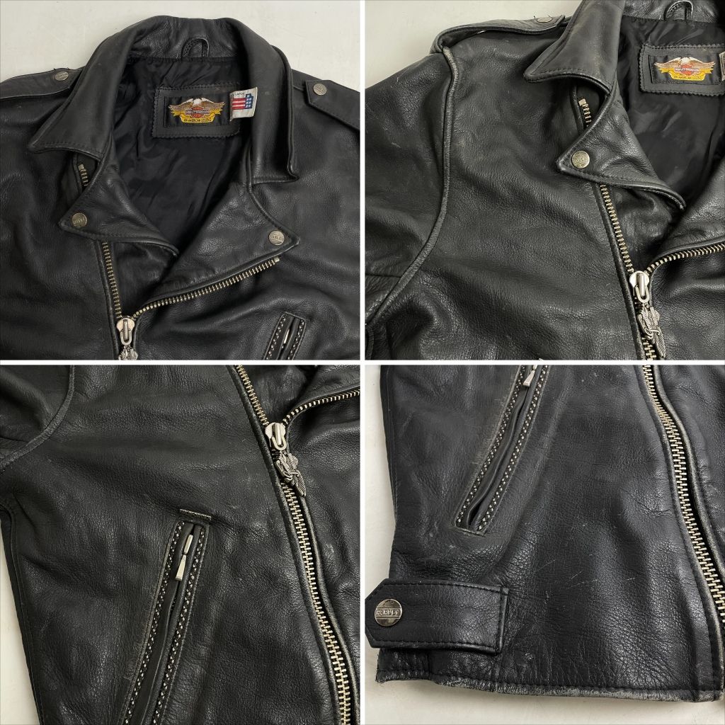 01w-6619 ハーレーダビッドソン HARLEY DAVIDSON エンボス加工 エンジン型押し レザージャケット ブラック サイズL メンズ アウター 【中古品】