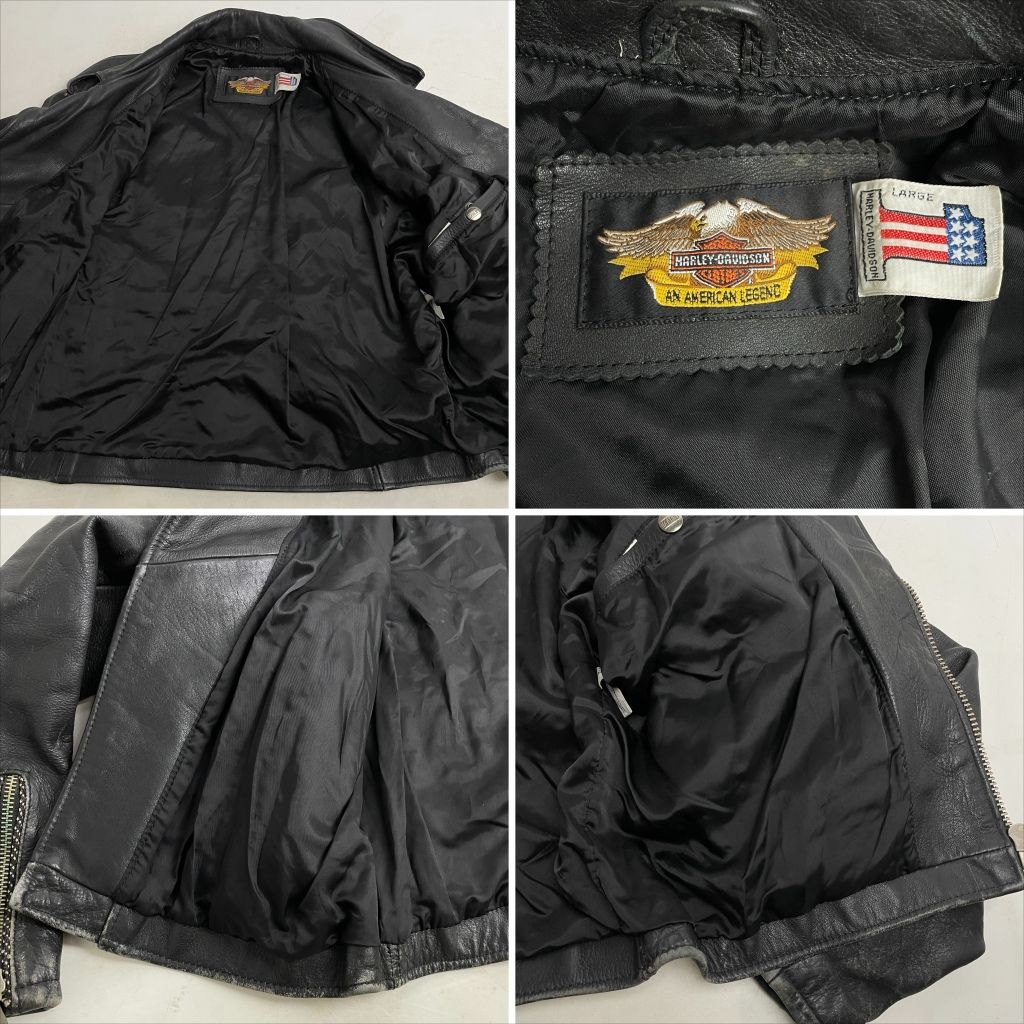 01w-6619 ハーレーダビッドソン HARLEY DAVIDSON エンボス加工 エンジン型押し レザージャケット ブラック サイズL メンズ アウター 【中古品】